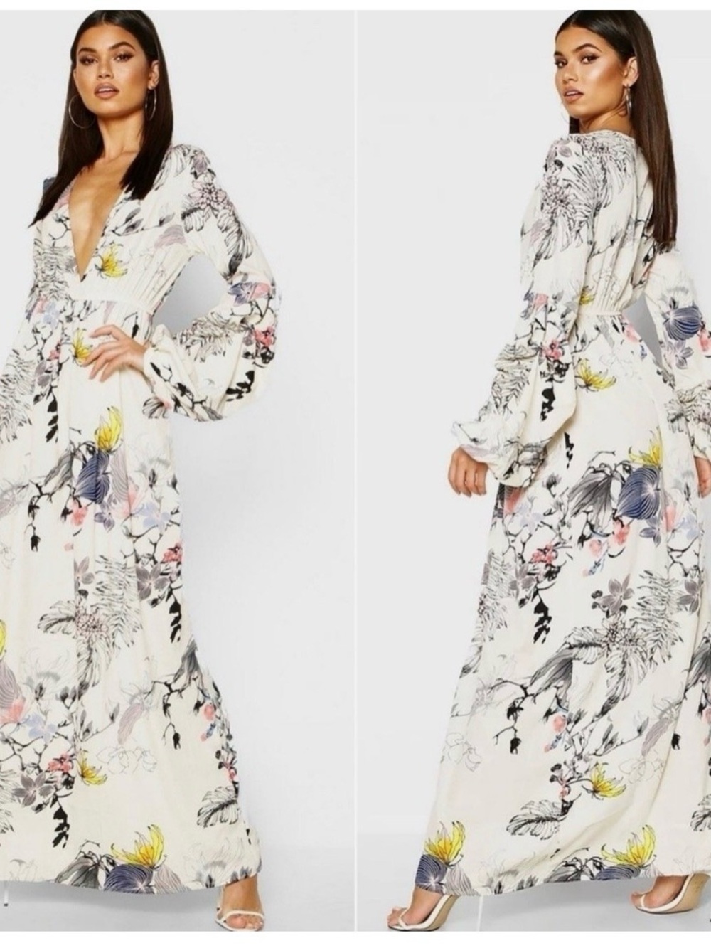 Boohoo White Floral Plunge Long Sleeve Maxi Dress size 10
